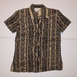 Tess Women's Medium 100% Silk Funky Tribal Art-wear V-Neck Short Sleeve Blouse